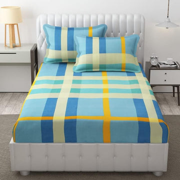 TIB The Intellect Bazaar Glace Cotton Elastic Fitted Bedsheets King Size | Bedsheet for Double Bed with 2 Pillow Covers (72” x 78” or 182 x 152 cm) Checkered Blue