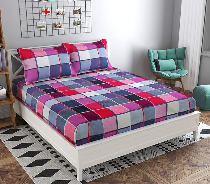 TIB 140 TC Glace Cotton King Size Bedsheet with 2 Pillow Covers,Bedsheet for Double Bed,90X100 Inches| 140 GSM, Multi, Pack of 3