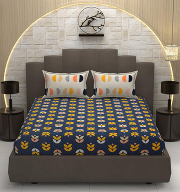 TIB Presents Luxurious Glace Cotton Super Soft 210 TC Elastic Fitted Bedsheets King Size (78X72X10 Inch) 360° with 2 Pillow Covers, 45x70 cm (Blue, Coordinate King Fitted)