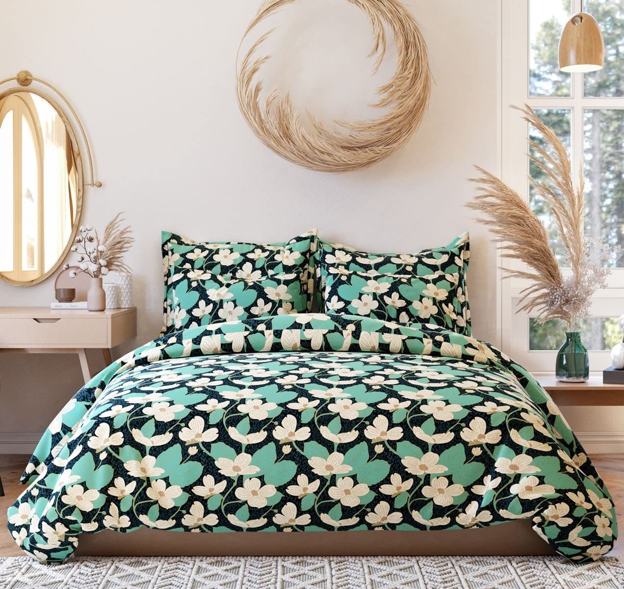 TIB The Intellect Bazaar Glace Cotton Elastic Fitted Bedsheets King Size | Bedsheet for Double Bed with 2 Pillow Covers (72” x 78” or 182 x 198 cm) Leaf-Beige