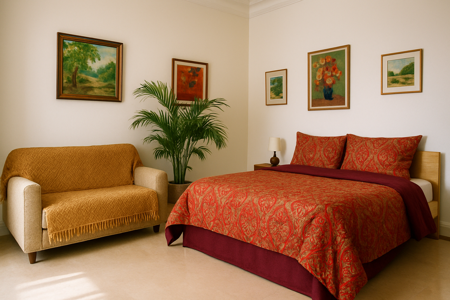 Now please create another image where you need to put a beautiful cover on sofa and put a beautiful cober on the bed as well. Add a nice palm tree with planter beside the sofa. Also make the floor look cleaner. Please add few paintings on the wall. It would be great if you can use my sova cover and bed sheet