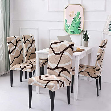 TIB The Intellect Bazaar Polyester Flowered Elastic Stretch Removable Washable Dining Chair Cover Set of 6 Seat Protector Slipcover (Beige) -6 Pieces