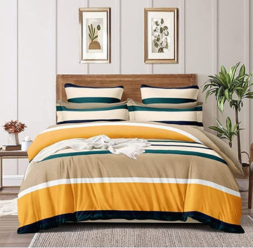 TIB Glace Cotton Duvet Cover I Razai Cover I Quilt Cover I Dohar (YLW-GRN Lines)