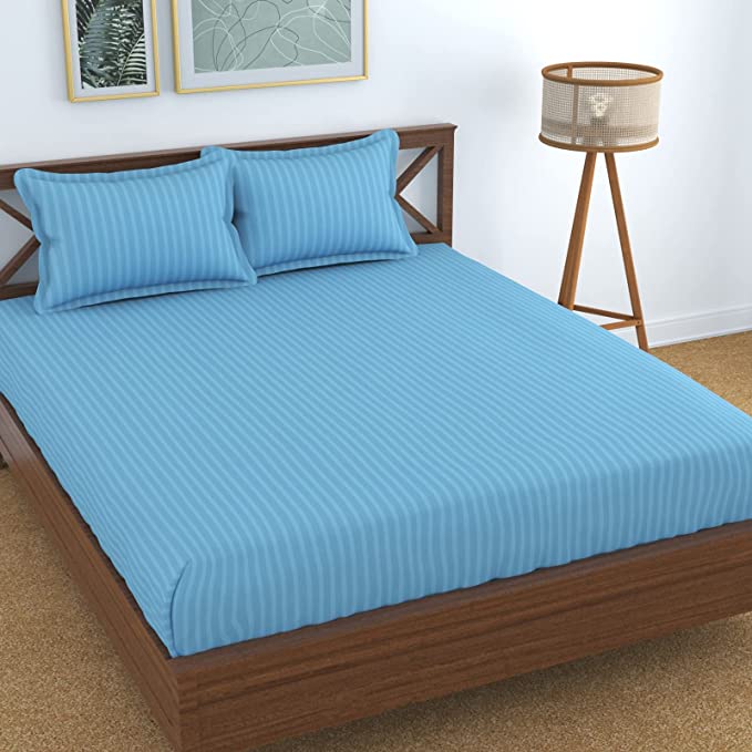 TIB The Intellect Bazaar Glace Cotton Elastic Fitted Bedsheet Satin Striped Plain King Size Bedsheet with Two Pillow Covers(Blue)