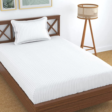 TIB The Intellect Bazaar Glace Cotton Elastic Fitted Satin Striped Plain Bedsheet for Single Bed King Size with 1 Pillow Covers -36x78(White)