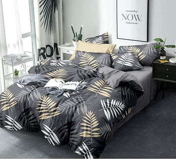 TIB Glace Cotton AC Comforter Set King Size Single Bed with 1 Elastic Fitted King Size bedsheet-36x78 inch and One Pillow Covers (Pack of 3) Leaf Grey