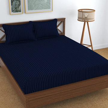 TIB The Intellect Bazaar Glace Cotton Elastic Fitted bedsheets King Size Satin Striped Plain Bedsheet with Two Pillow Covers(Navy Blue)