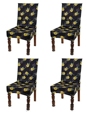 TIB The Intellect Bazaar Polyester Flowered Elastic Stretch Removable Washable Dining Chair Cover Set of 4 Seat Protector Slipcover Black -4 Piece
