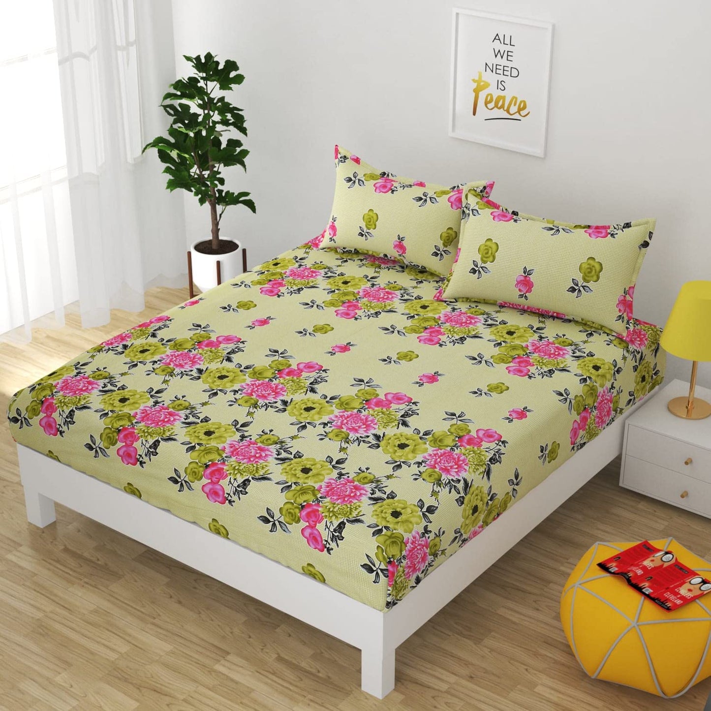 TIB® The Intellect Bazaar Geometric 100% Cotton Elastic Fitted King Size Bedsheet with 2 Pillow Covers - Cream | 160 TC | 78X72