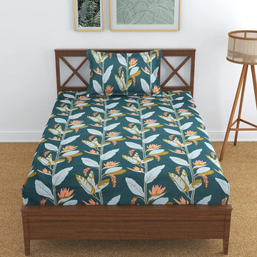 TIB The Intellect Bazaar Cotton Feel Glace Cotton Elastic Fitted Bedsheet Single Size Bedsheet with 1 Pillow Covers (36x78) Green-Leaves