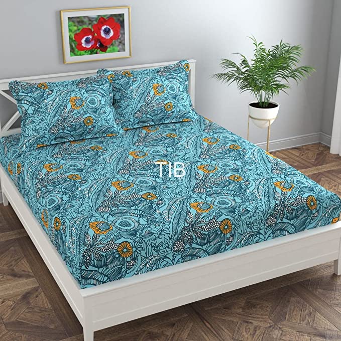 TIB® The Intellect Bazaar Geometric100% Cotton Elastic Fitted King Size Bedsheet with 2 Pillow Covers - Brown-Multi | 160 TC | 78X72