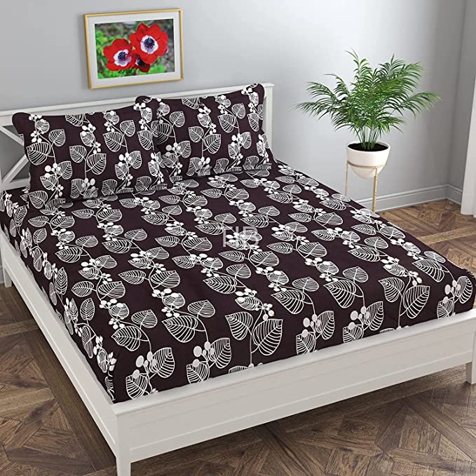 TIB Cotton Feel Polycotton Elastic Fitted King Size Bedsheet with 2 Pillow Covers - 72 x78+8 inches - Wine