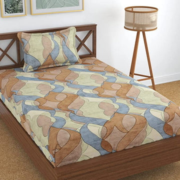 TIB The Intellect Bazaar Cotton Feel Glace Cotton Elastic Fitted Bedsheet Single Size Bedsheet with 1 Pillow Covers (36 x78) Camel-Multi