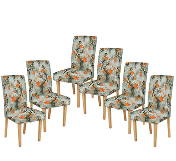 TIB The Intellect Bazaar Polyester Flowered Elastic Stretch Removable Washable Dining Chair Cover Set of 6 Seat Protector Slipcover (Leaves) -6 Pieces