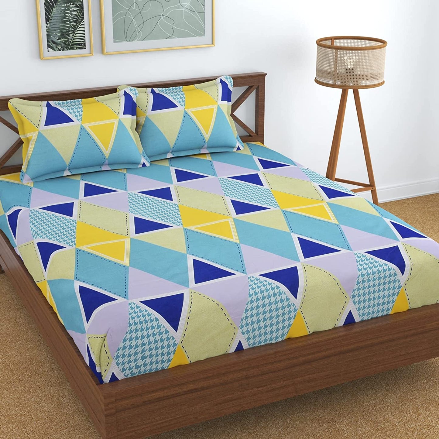 TIB The Intellect Bazaar Cotton Feel Glace Cotton Elastic Fitted Bedsheet/King Size Bedsheet with 2 Pillow Covers (72 x 78 or 182x152 cm) Multicolor