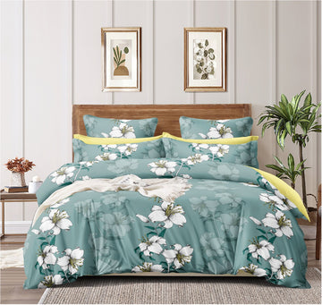 TIB The Intellect Bazaar Cotton Feel Glace Cotton Elastic Fitted Bedsheet/Super King Size Bedsheet with 2 Pillow Covers -Green Flower