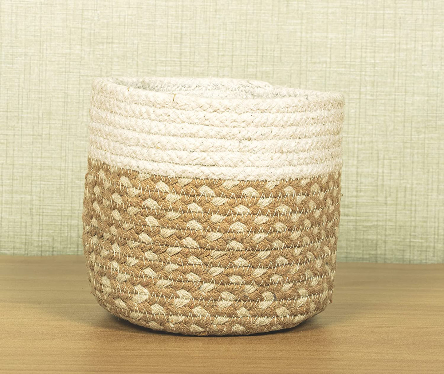TIB The Intellect Bazaar jute Planter Pots/Handcrafted Storage Basket, Multi-Purpose use for Living Room (10 x 10 Inches)Beige and White Color