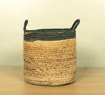 TIB The Intellect Bazaar jute Planter Pots/Handcrafted Storage Basket with handle, Multi-Purpose use for Living Room (8x8 Inches)Beige and Black Color