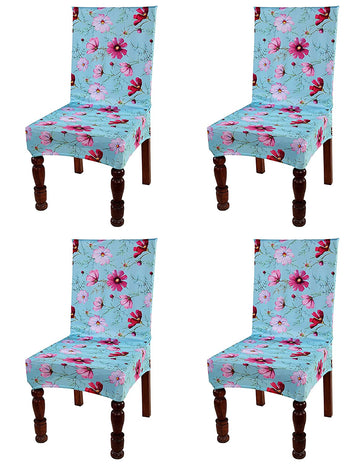 TIB The Intellect Bazaar Polyester Flowered Elastic Stretch Removable Washable Dining Chair Cover Set of 4 Seat Protector Slipcover SkyBlue -4 Pieces