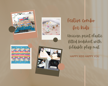 TIB The Intellect Bazaar Combo of Unicorn Print Elastic Fitted King Bedsheet 72x78 with Foldable Play Mat for kids