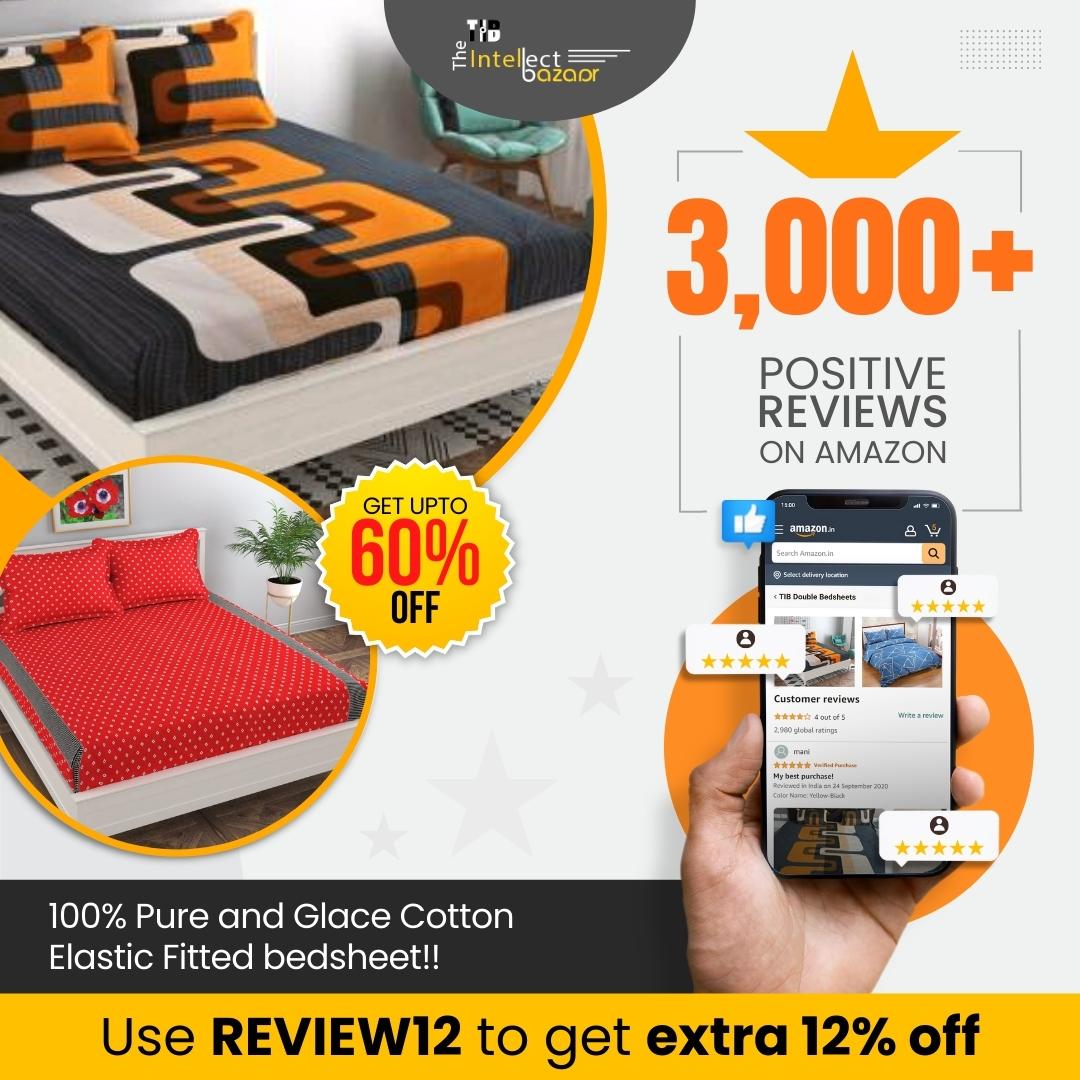 TIB® The Intellect Bazaar Geometric100% Cotton Elastic Fitted King Size Bedsheet with 2 Pillow Covers - Brown-Multi | 160 TC | 78X72