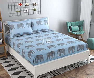 TIB The Intellect Bazaar Cotton Feel Glace Cotton Elastic Fitted King Size Double Bedsheet with 2 Pillow Covers (72” x 78” or 182x152 cm) Blue