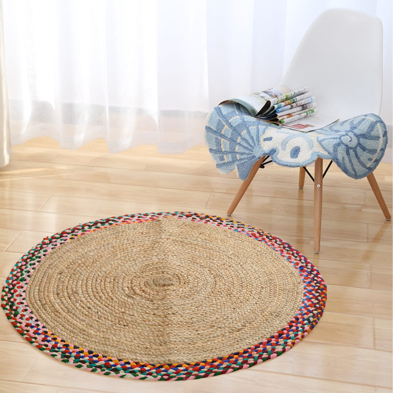 TIB Jute Braided Floor Rug Boho Bedside Living Room Carpet Rug -Beige, 90  cm Round, Border-Chindi