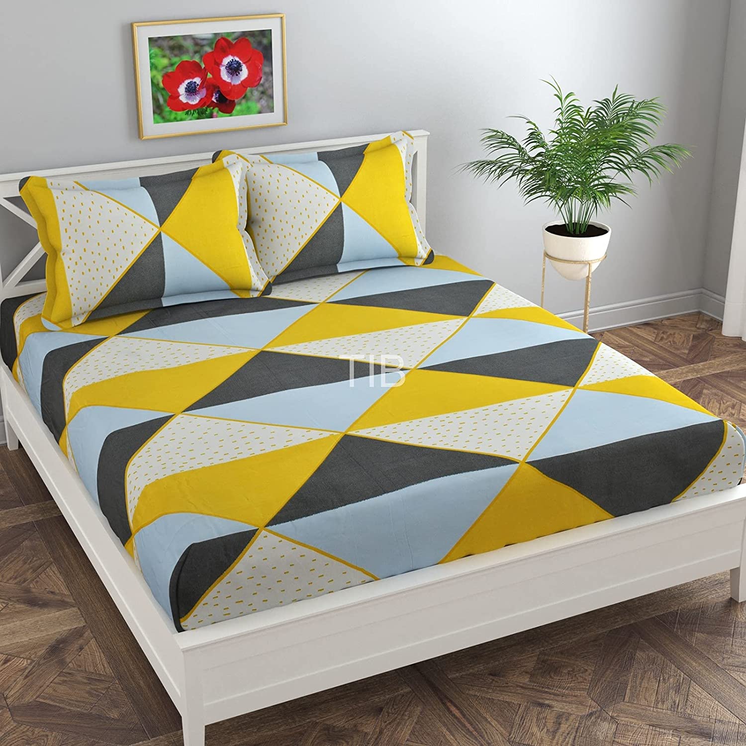 TIB 130 GSM Cotton Feel Polycotton King Size Bed Sheet with 2 Pillow Covers 90X100 Inches Yellow