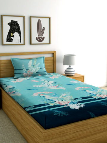 TIB The Intellect Bazaar Cotton Feel Glace Cotton Elastic Fitted Bedsheet Single Bedsheet with 1 Pillow Covers (36x 78)-Green Patti