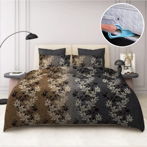 TIB Glace Cotton Elastic Fitted Printed King Size Double Bed Bedsheet with 2 Pillow Cover with Bedsheet Tucking Tool (72” x 78”)