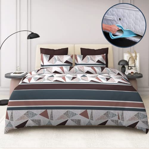 TIB Glace Cotton Elastic Fitted Printed King Size Double Bed Bedsheet with 2 Pillow Cover with Bedsheet Tucking Tool (72” x 78”)