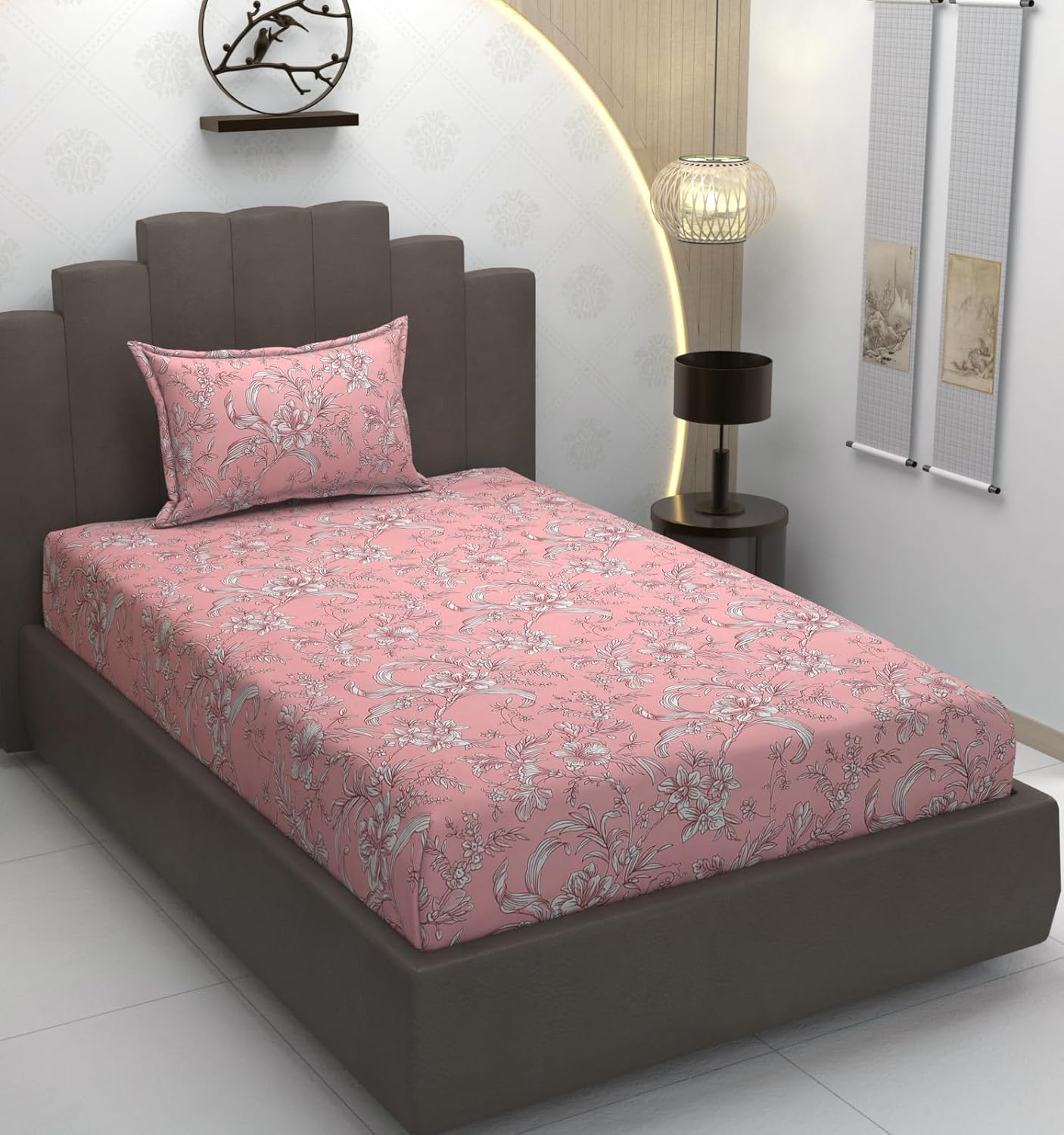 TIB Glace Cotton Elastic Fitted Bedsheets Single Bed 36x78x8 Inches with 1 Pillow Covers, 210TC (Gray & Black, Single)
