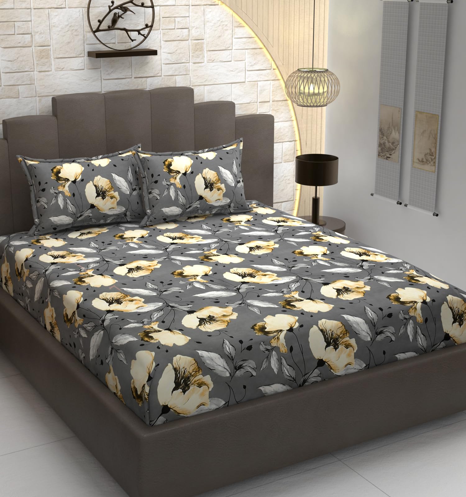 TIB Presents Luxurious Glace Cotton Super Soft 210 TC Elastic Fitted Bedsheets King Size (78X72X10 Inch) 360° with 2 Pillow Covers, 45x70 cm (Blue, Coordinate King Fitted)