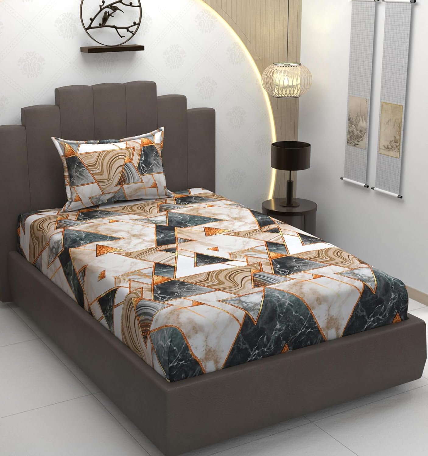 TIB Glace Cotton Elastic Fitted Bedsheets Single Bed 36x78x8 Inches with 1 Pillow Covers, 210TC (Blue Flower, Single)