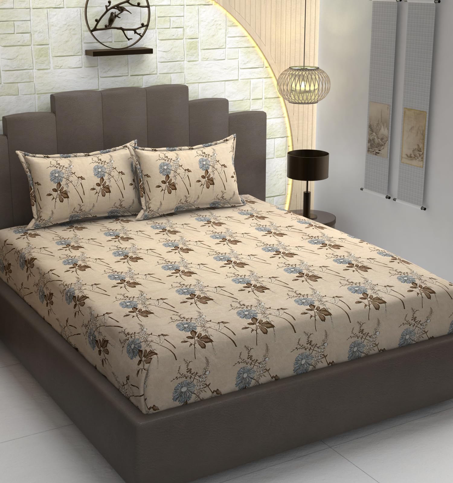 TIB Presents Luxurious Glace Cotton Super Soft 210 TC Elastic Fitted Bedsheets King Size (78X72X10 Inch) 360° with 2 Pillow Covers, 45x70 cm (Blue, Coordinate King Fitted)