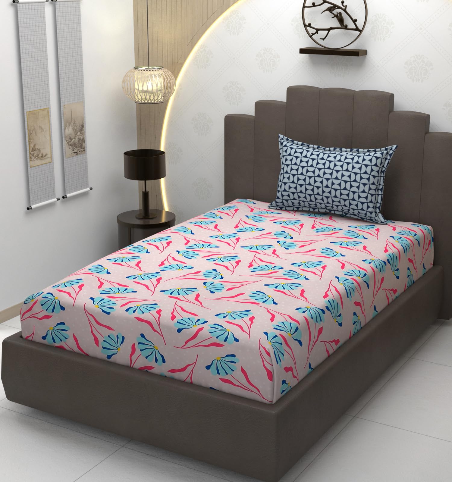 TIB Presents Luxurious Glace Cotton Super Soft 210 TC Elastic Fitted Bedsheets King Size (78X72X10 Inch) 360° with 2 Pillow Covers, 45x70 cm (Blue, Coordinate King Fitted)