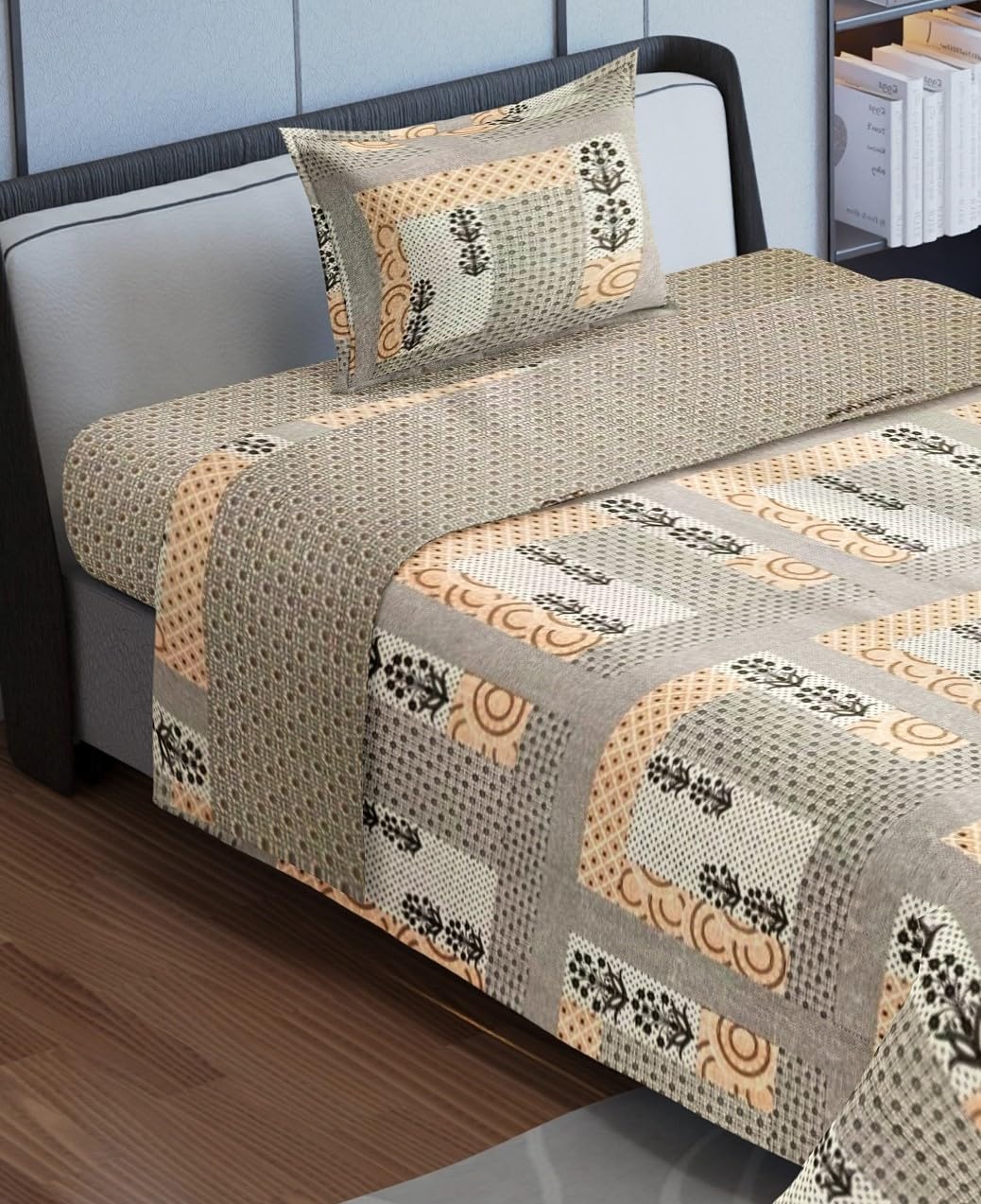 TIB The Intellect Bazaar Premium 100% Cotton Elastic Fitted Single Bedsheets with 1 Pillow Covers | Fitted Bedsheet Single Bed | All Around Elastic Single Bed Sheet Elastic Fitted 36 x 78 inch -New-Camel