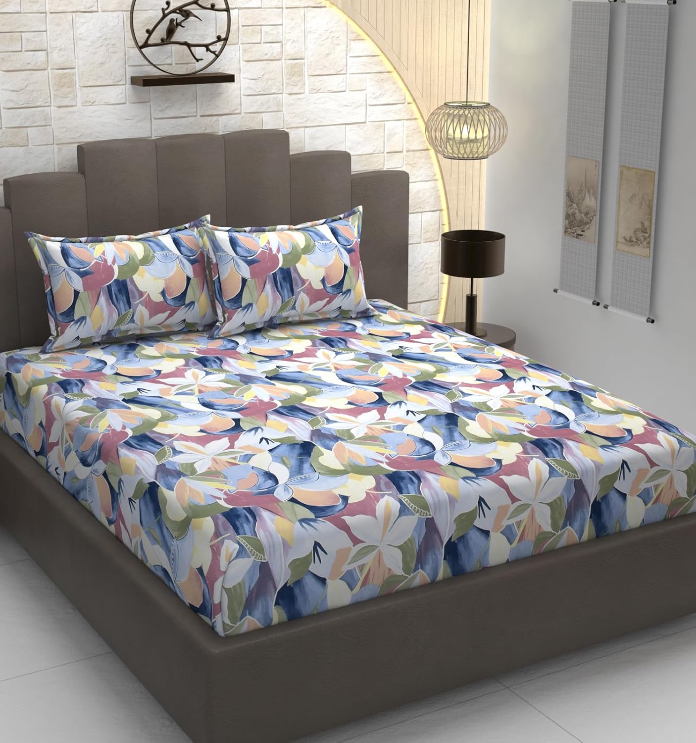 TIB Glace Cotton Elastic Fitted Bedsheets Double Bed