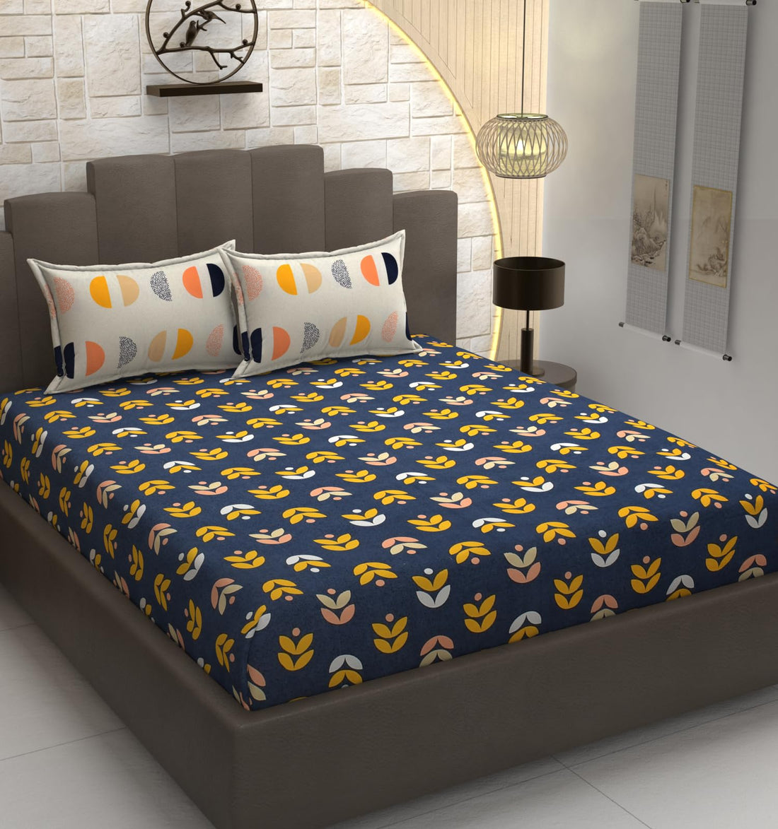 TIB Presents Luxurious Glace Cotton Super Soft 210 TC Elastic Fitted Bedsheets King Size (78X72X10 Inch) 360° with 2 Pillow Covers, 45x70 cm (Blue, Coordinate King Fitted)