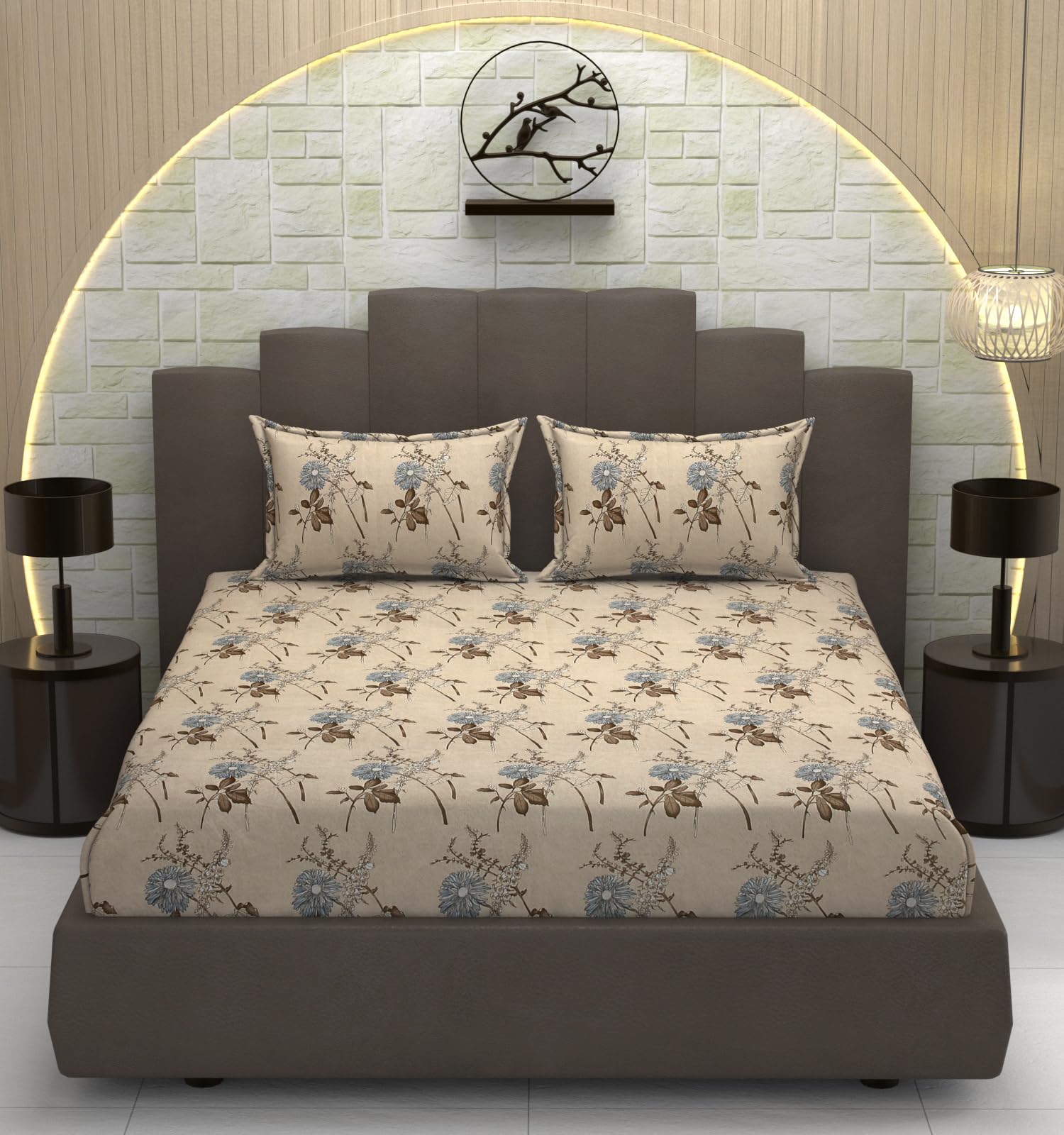 TIB Presents Luxurious Glace Cotton Super Soft 210 TC Elastic Fitted Bedsheets King Size (78X72X10 Inch) 360° with 2 Pillow Covers, 45x70 cm (Blue, Coordinate King Fitted)