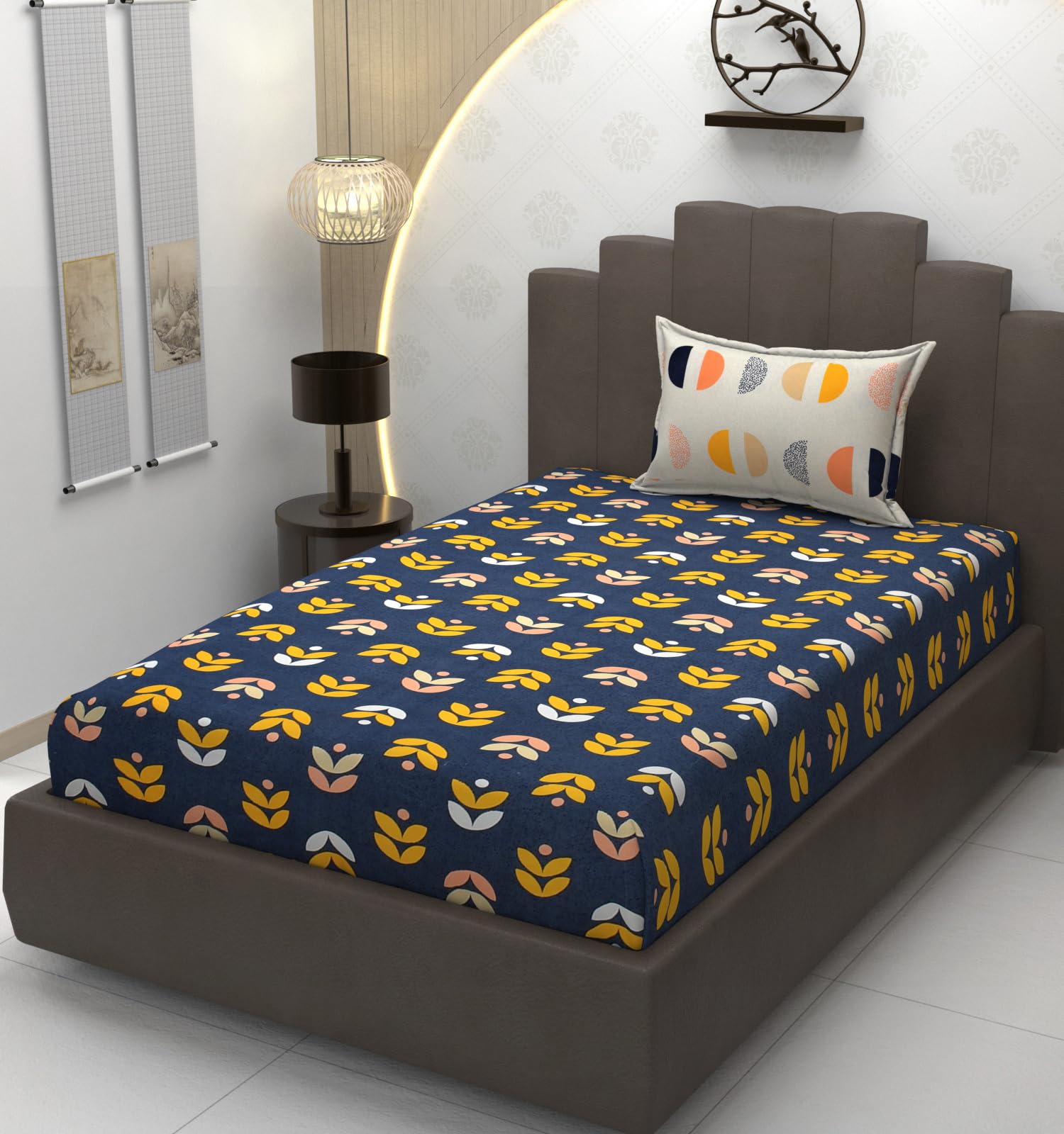 TIB Presents Luxurious Glace Cotton Super Soft 210 TC Elastic Fitted Bedsheets King Size (78X72X10 Inch) 360° with 2 Pillow Covers, 45x70 cm (Blue, Coordinate King Fitted)