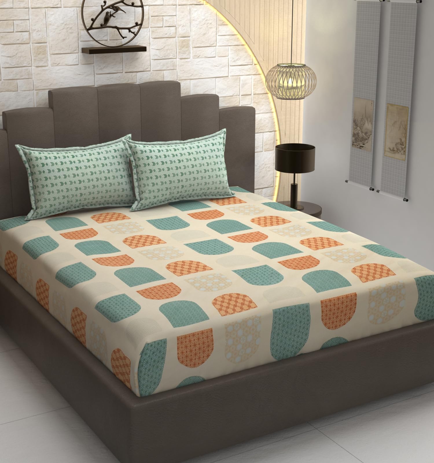 TIB Presents Luxurious Glace Cotton Super Soft 210 TC Elastic Fitted Bedsheets King Size (78X72X10 Inch) 360° with 2 Pillow Covers, 45x70 cm (Blue, Coordinate King Fitted)