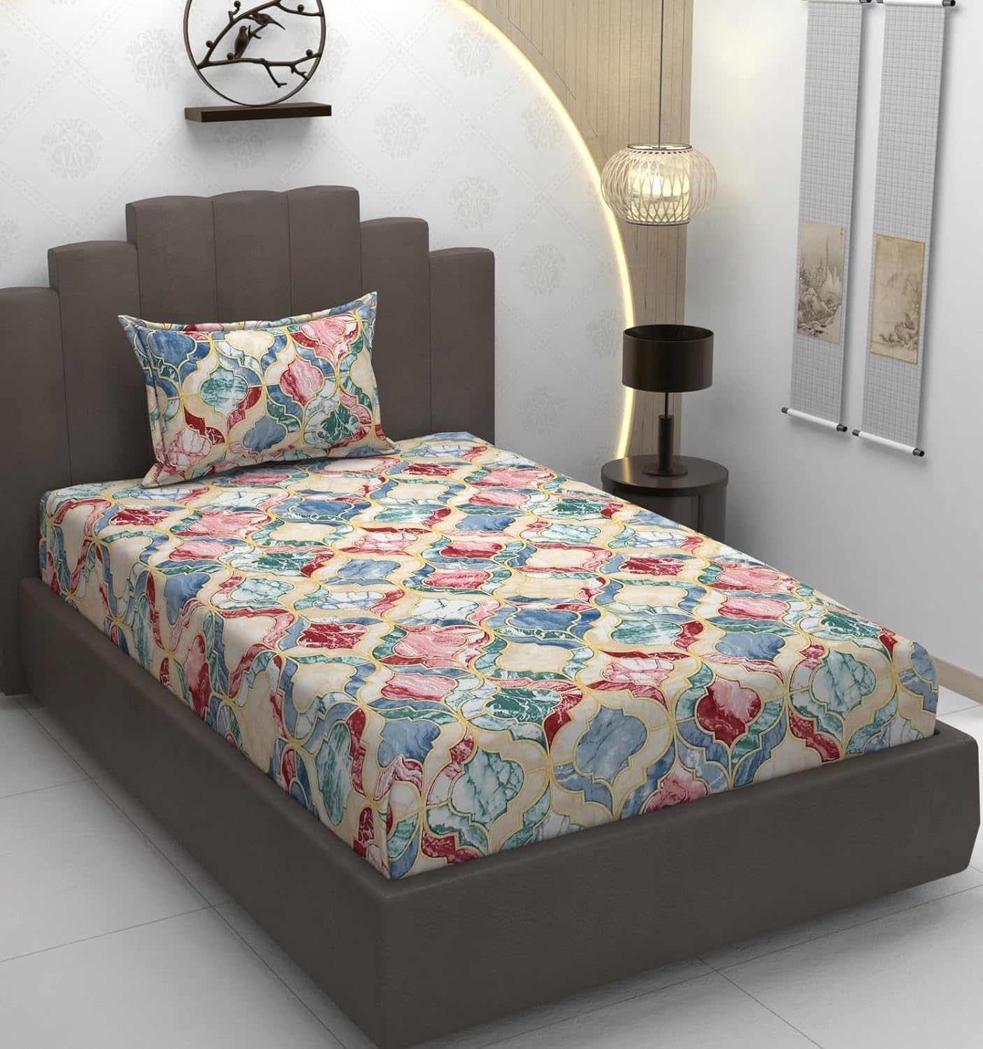 TIB Glace Cotton Elastic Fitted Bedsheets Single Bed 36x78x8 Inches with 1 Pillow Covers, 210TC (Gray & Black, Single)