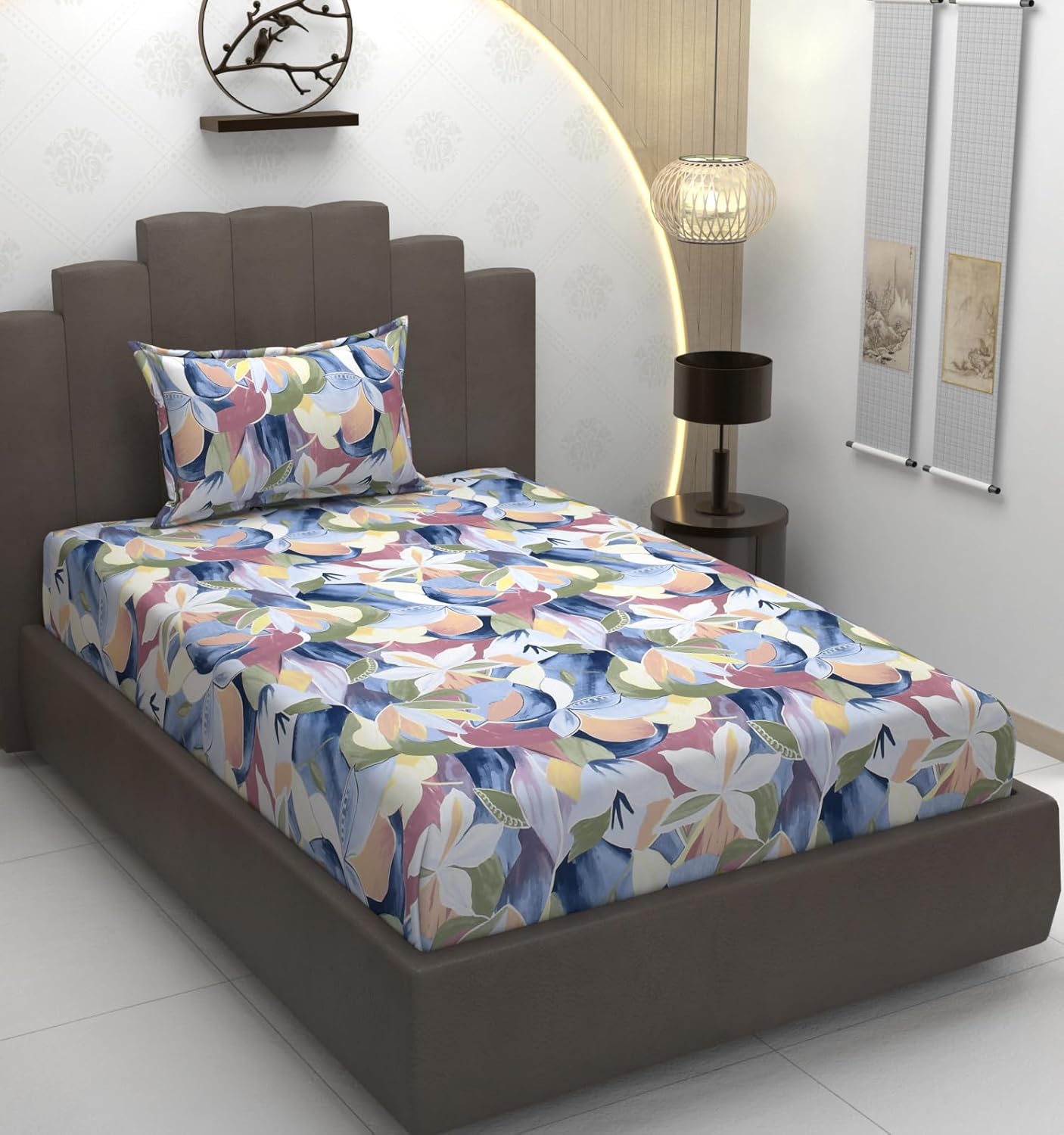 TIB Glace Cotton Elastic Fitted Bedsheets Single Bed 36x78x8 Inches with 1 Pillow Covers, 210TC (Gray & Black, Single)