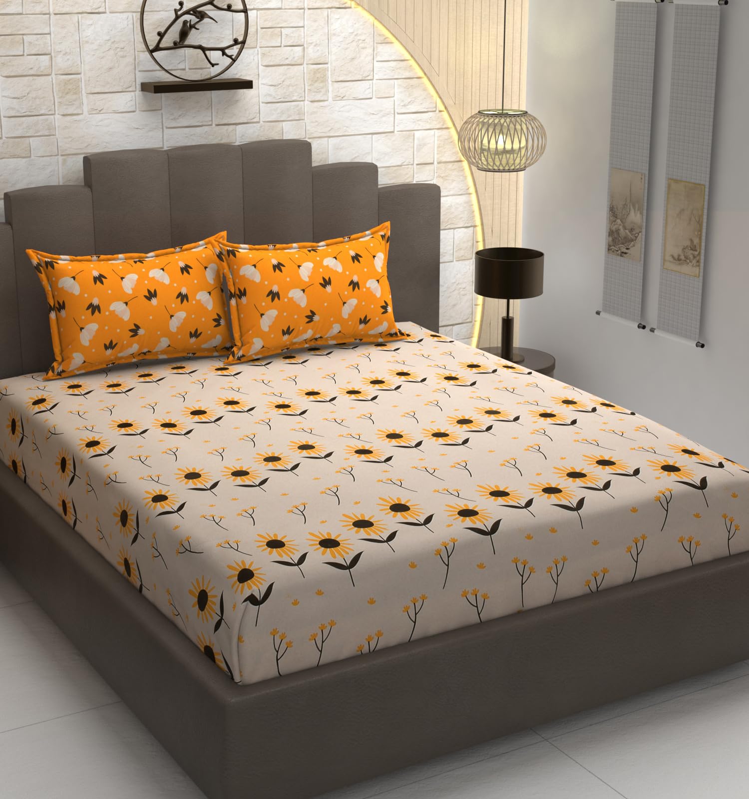 TIB Presents Luxurious Glace Cotton Super Soft 210 TC Elastic Fitted Bedsheets King Size (78X72X10 Inch) 360° with 2 Pillow Covers, 45x70 cm (Blue, Coordinate King Fitted)