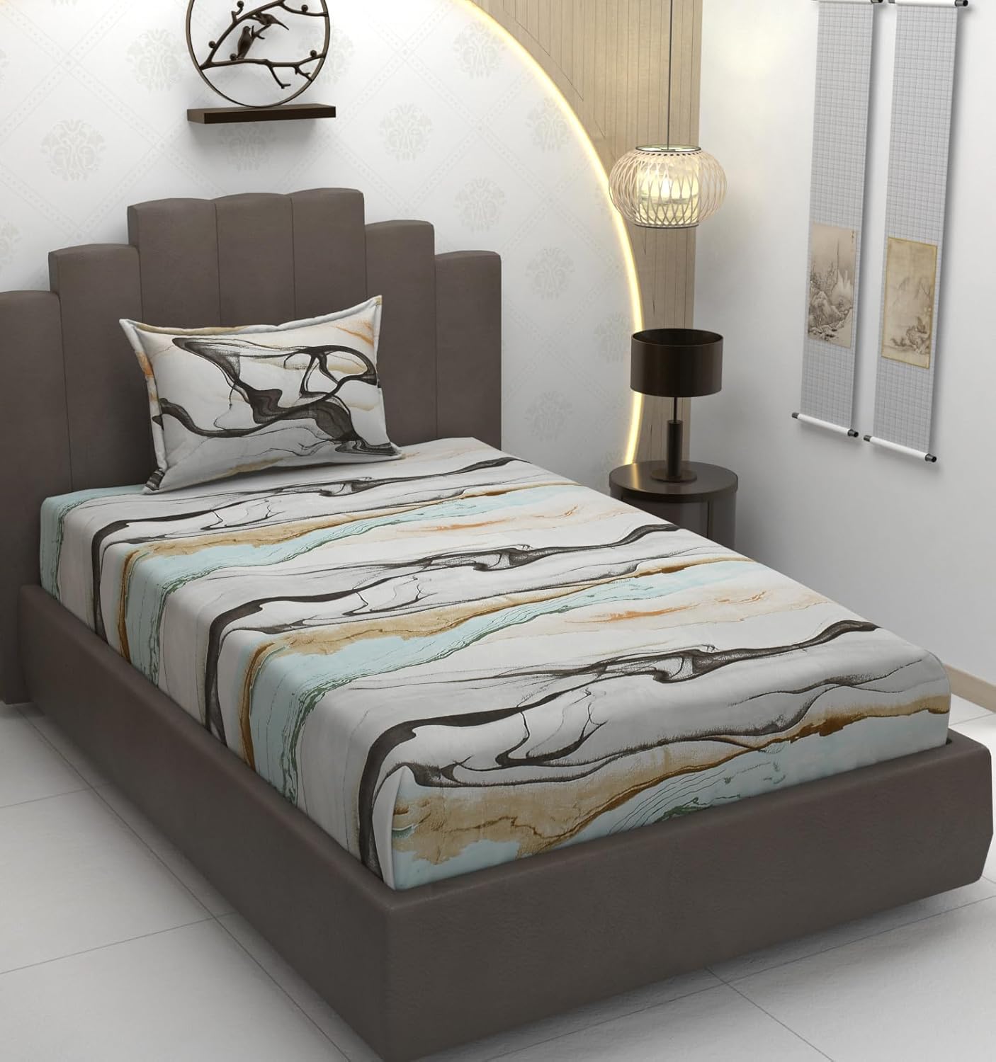 TIB Glace Cotton Elastic Fitted Bedsheets Single Bed 36x78x8 Inches with 1 Pillow Covers, 210TC (Blue Flower, Single)
