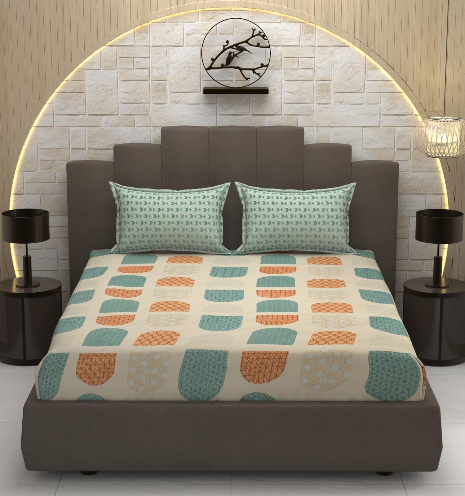 TIB Presents Luxurious Glace Cotton Super Soft 210 TC Elastic Fitted Bedsheets King Size (78X72X10 Inch) 360° with 2 Pillow Covers, 45x70 cm (Blue, Coordinate King Fitted)