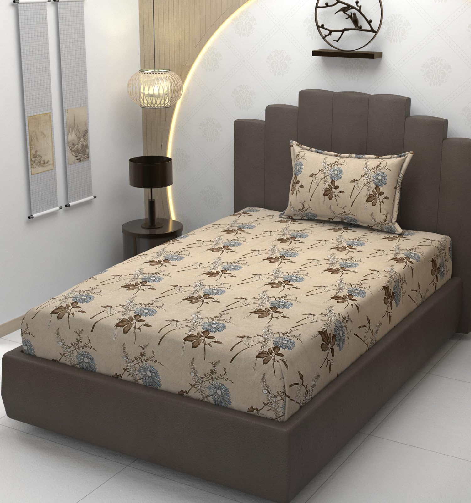 TIB Presents Luxurious Glace Cotton Super Soft 210 TC Elastic Fitted Bedsheets King Size (78X72X10 Inch) 360° with 2 Pillow Covers, 45x70 cm (Blue, Coordinate King Fitted)