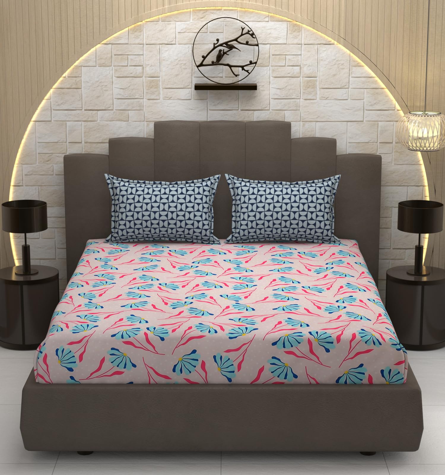 TIB Presents Luxurious Glace Cotton Super Soft 210 TC Elastic Fitted Bedsheets King Size (78X72X10 Inch) 360° with 2 Pillow Covers, 45x70 cm (Blue, Coordinate King Fitted)