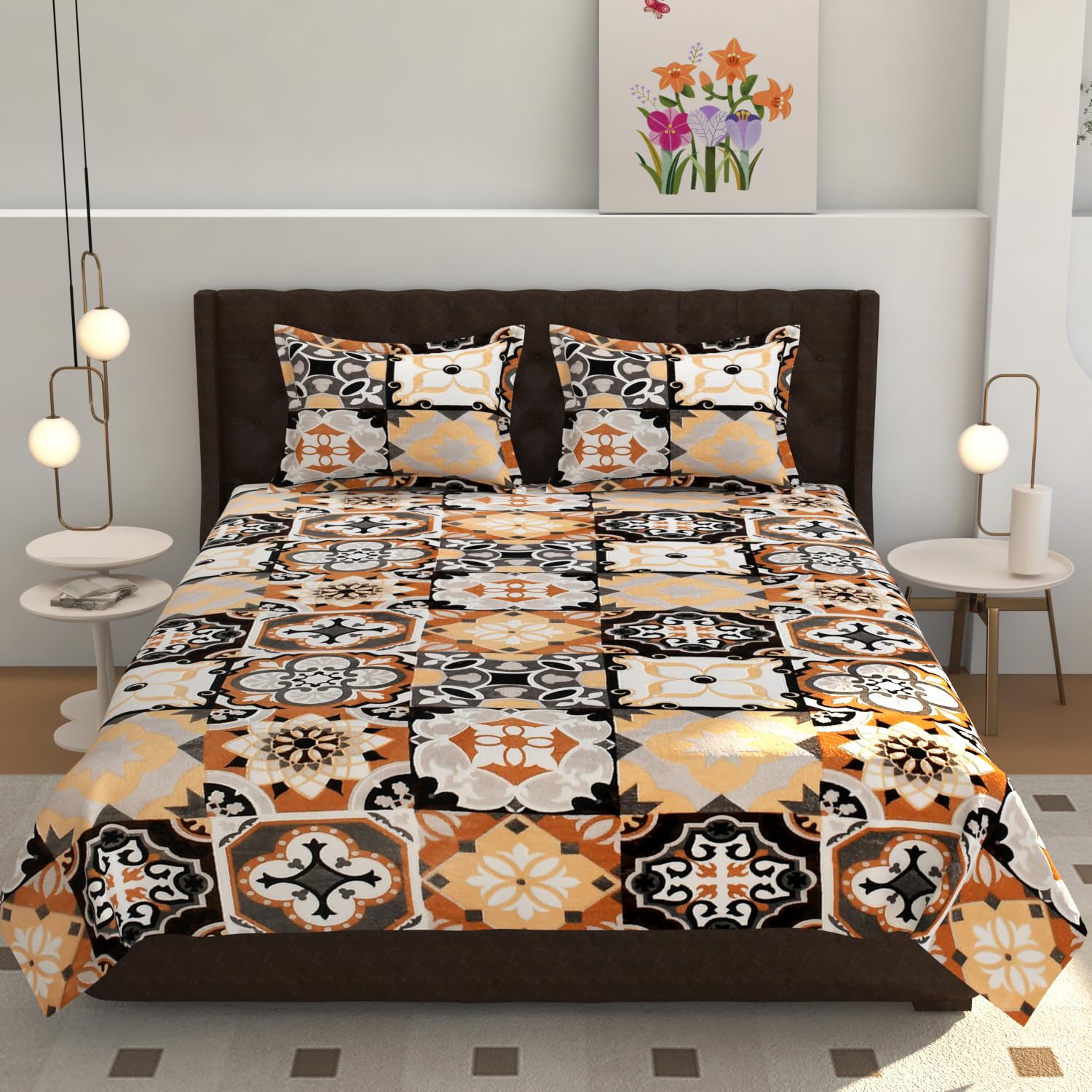 TIB 155 TC Premium Flannel Warm bedsheet for Double Bed 90x100 Inch with 2 Pillow Covers